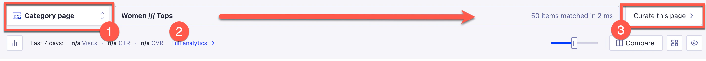 Screenshot of the Merchandising Studio interface showing a 'Category page' drop-down menu, a 'Women /// Tops' label, and a 'Curate this page' button.