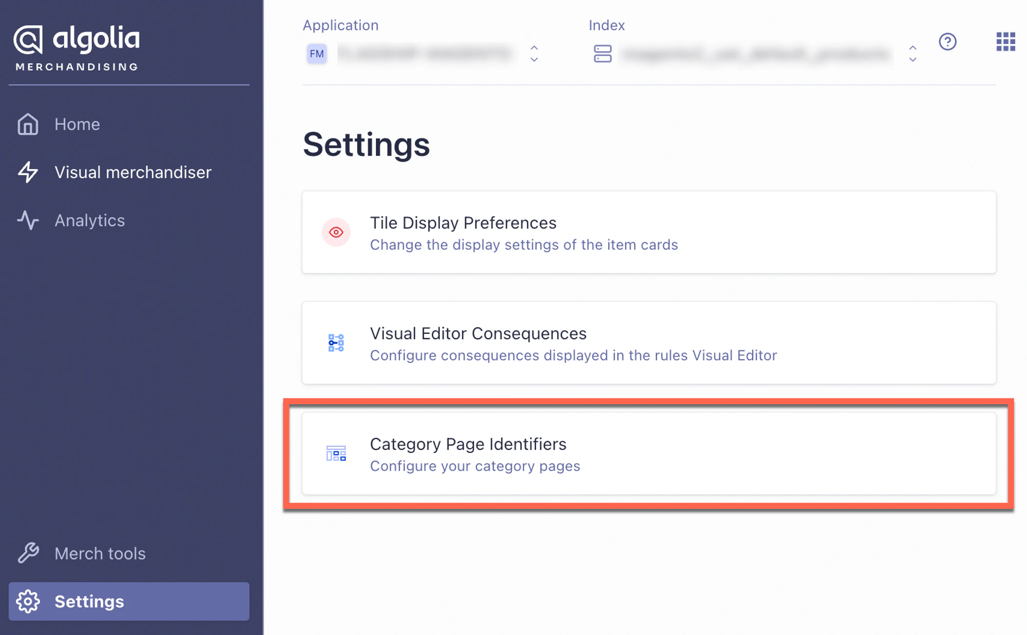 Screenshot of the 'Settings' page in Algolia Merchandising Studio, highlighting 'Category Page Identifiers' with its description.