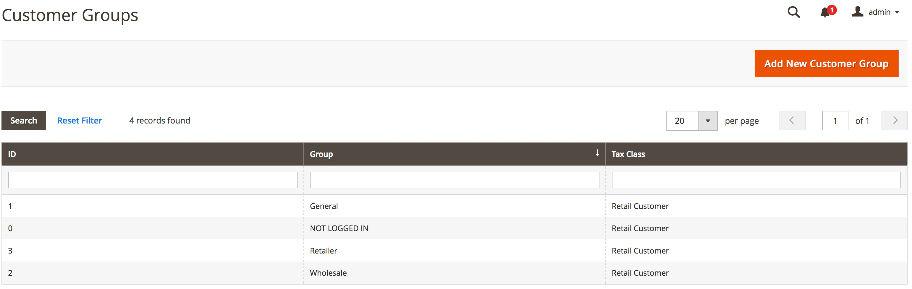 Screenshot of the 'Customer Groups' page showing a table with four records and an 'Add New Customer Group' button.