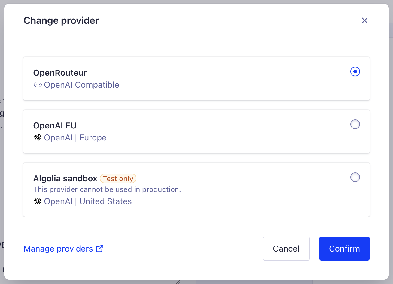 Select LLM provider in Agent Studio