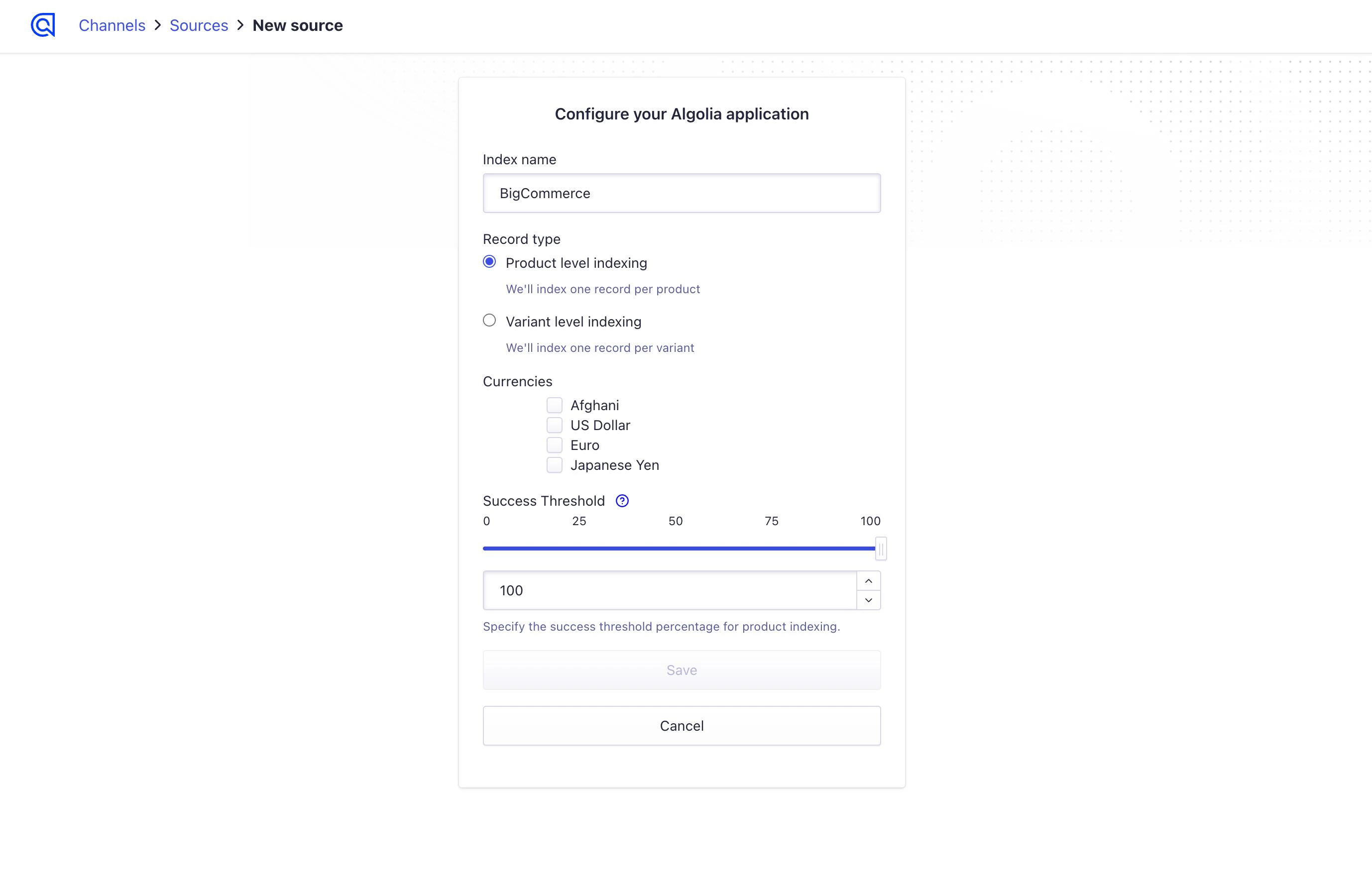 Screenshot of the 'Configure your Algolia application' form with 'Index name' set to 'BigCommerce' and success threshold at 100.