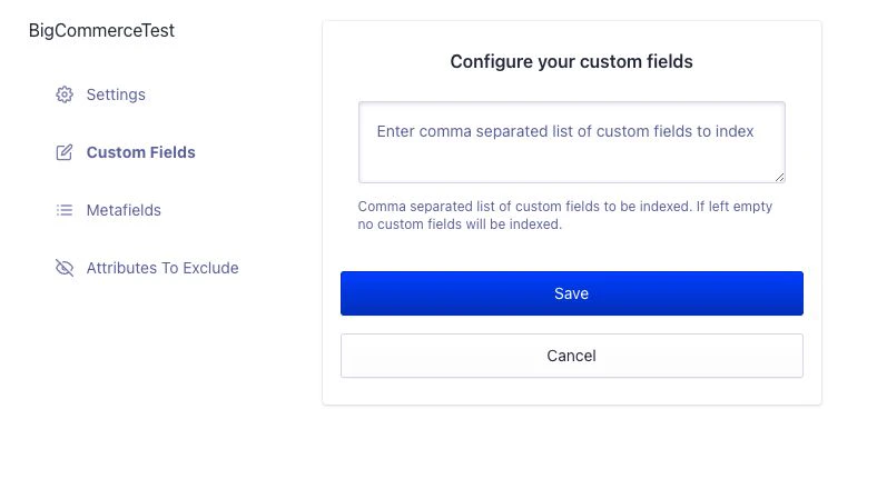 Screenshot of the 'Configure your custom fields' section with a text input and 'Save' button.