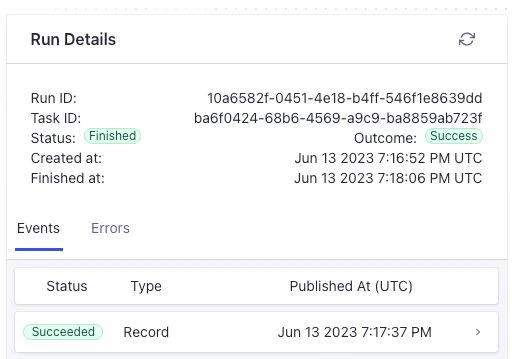 Screenshot of a 'Run Details' dialog showing a finished task with status 'Succeeded' and events listed below.