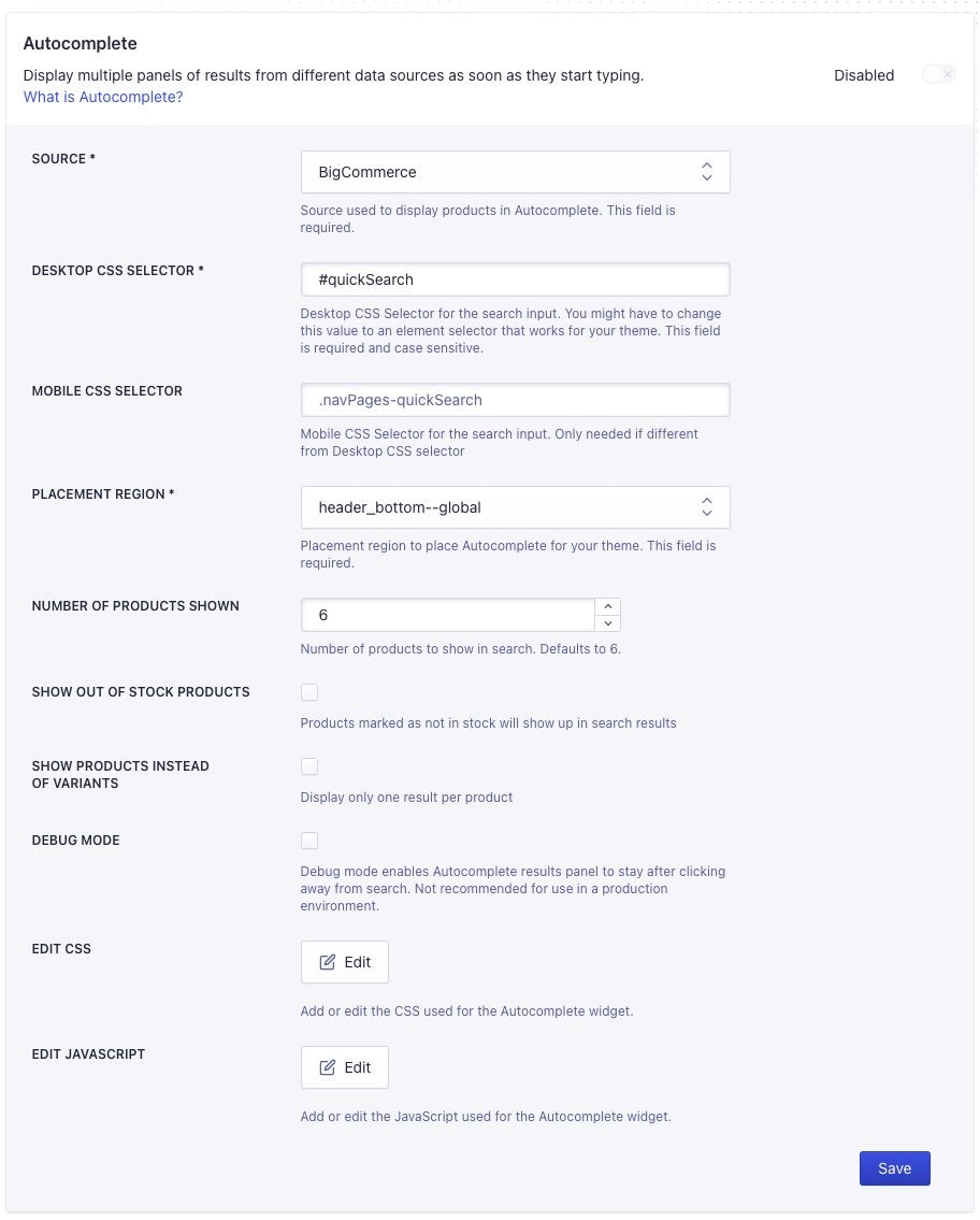 Screenshot of Autocomplete settings with source, selectors, placement, and product count fields, plus debug and edit options, and a Save button.