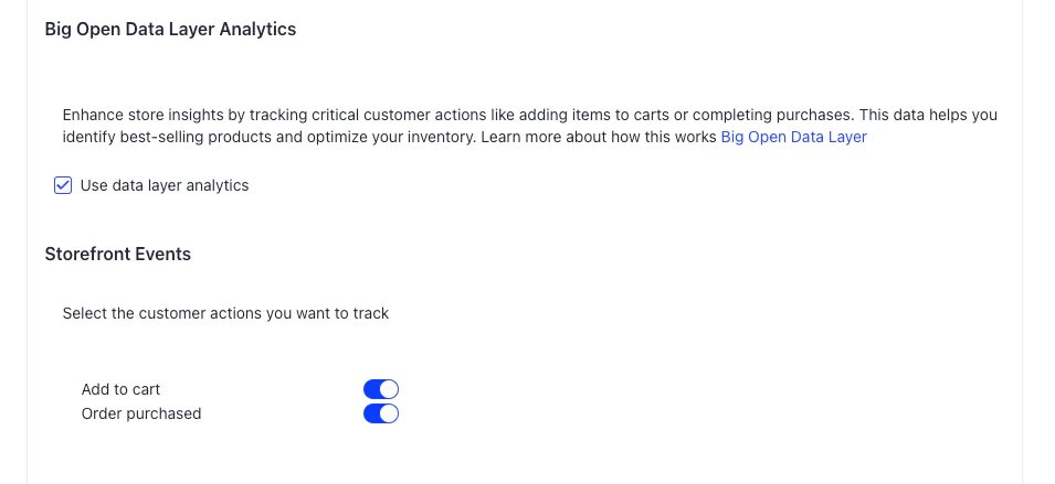 Screenshot of the 'Big Open Data Layer Analytics' section with 'Use data layer analytics' enabled and 'Add to cart' and 'Order purchased' toggles on.