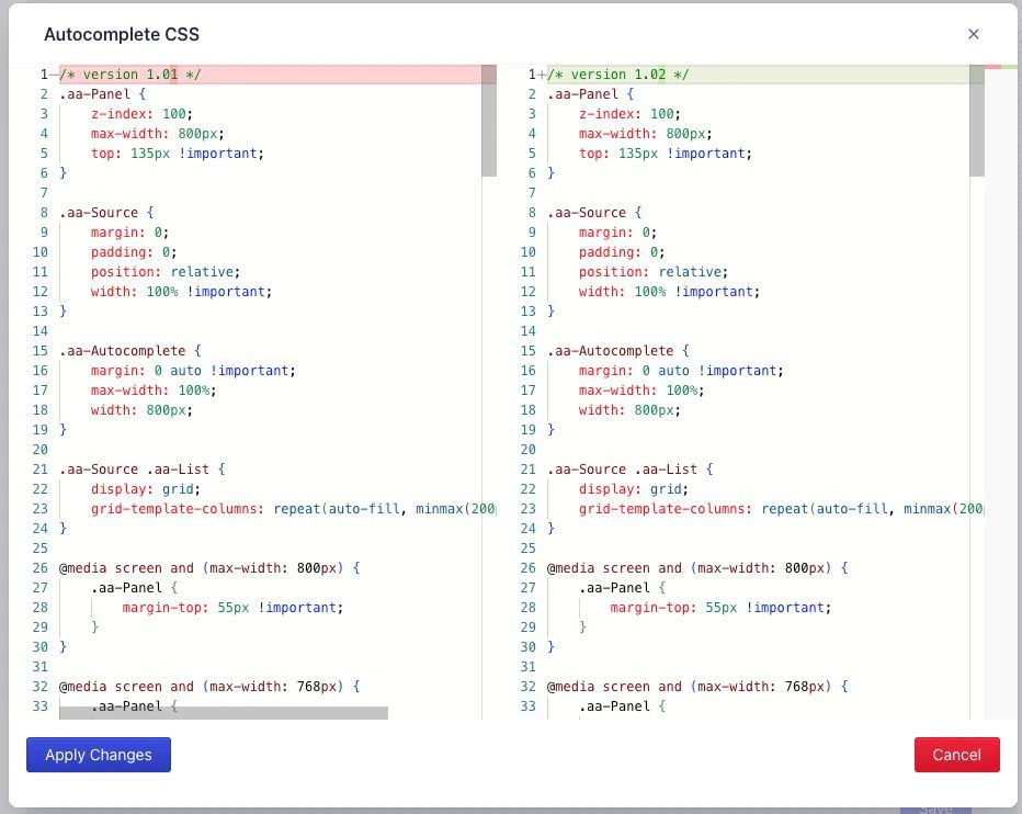 Screenshot of a code editor comparing CSS for Autocomplete, version 1.01 and 1.02, with 'Apply Changes' and 'Cancel' buttons.