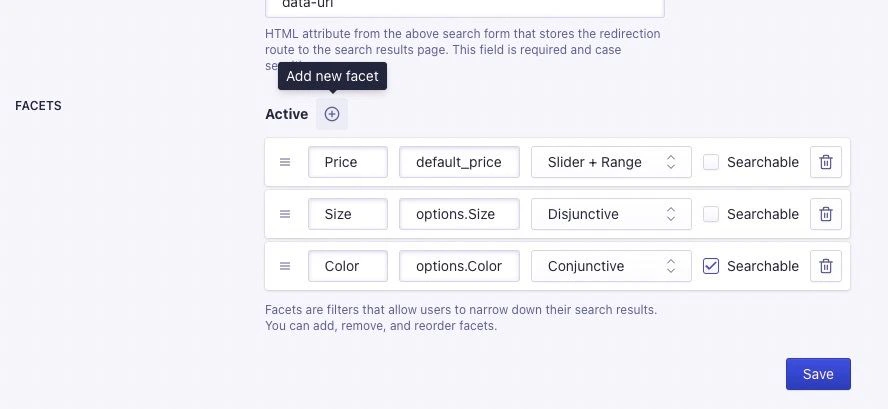 Screenshot of facet settings with 'Add new facet' button and three facets: 'Price', 'Size', 'Color', each with filter type and 'Searchable' toggle.