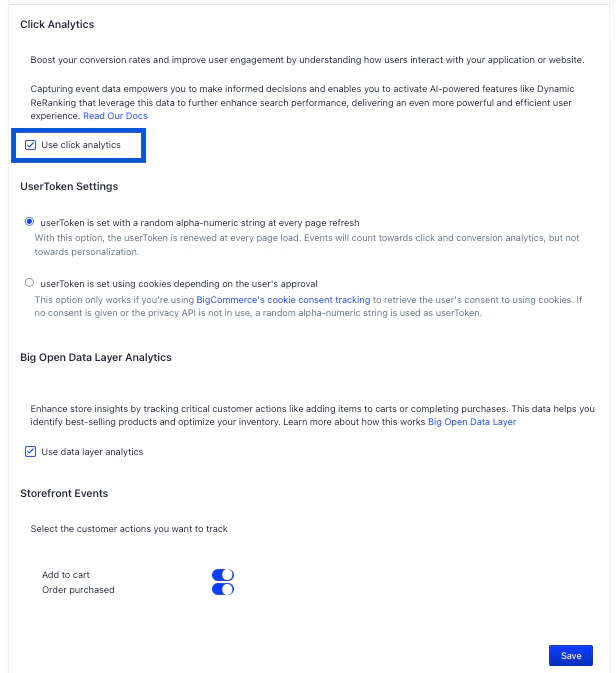 Screenshot of a settings page with a checked 'Use click analytics' checkbox and toggles for 'Add to cart' and 'Order purchased' events.