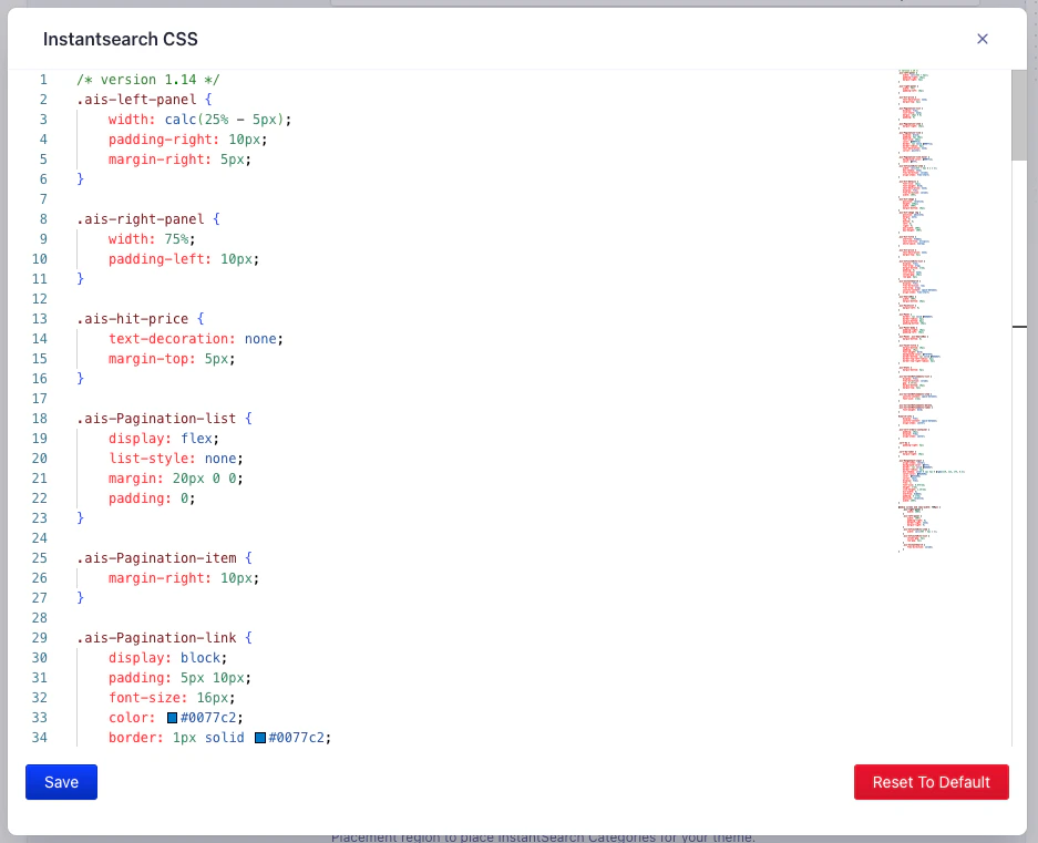 Screenshot of CSS code for InstantSearch with classes like '.ais-left-panel' and '.ais-Pagination-list', and a 'Save' button.
