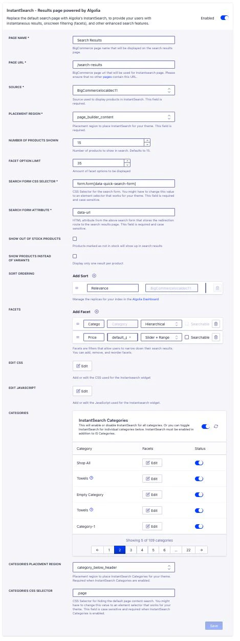 Screenshot of InstantSearch configuration with fields for page name, URL, source, and category filters, including toggle switches.