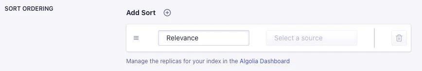 Screenshot of sort ordering settings in the BigCommerce app, showing an 'Add Sort' button, a 'Relevance' drop-down menu, and a 'Select a source' field.