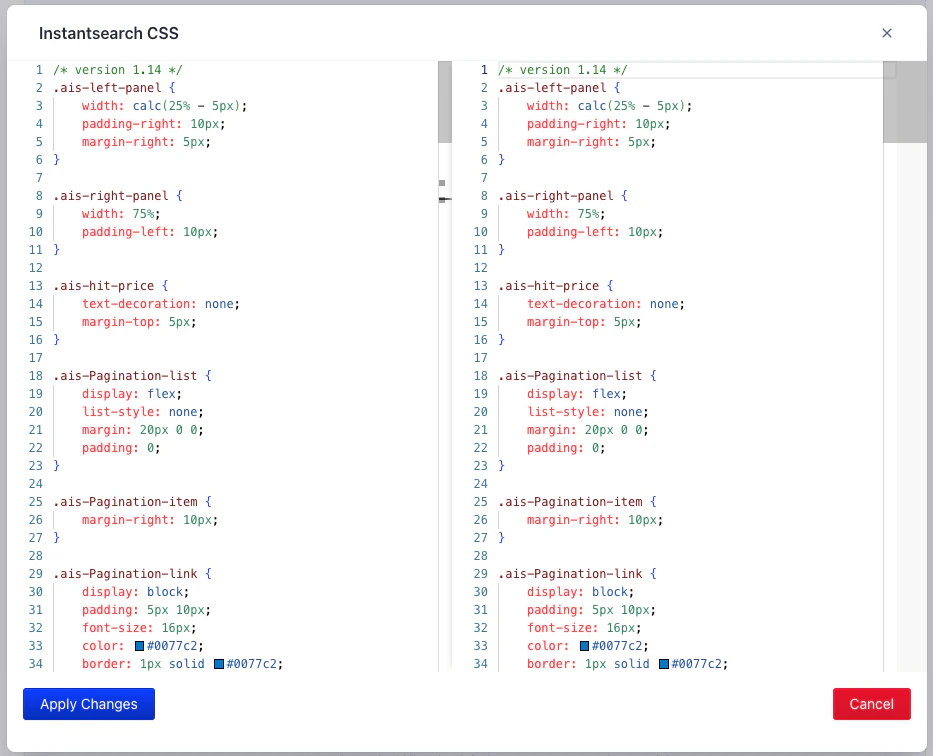 Screenshot of a code comparison showing CSS changes between InstantSearch versions 1.14 and 1.14, with 'Apply Changes' and 'Cancel' buttons.