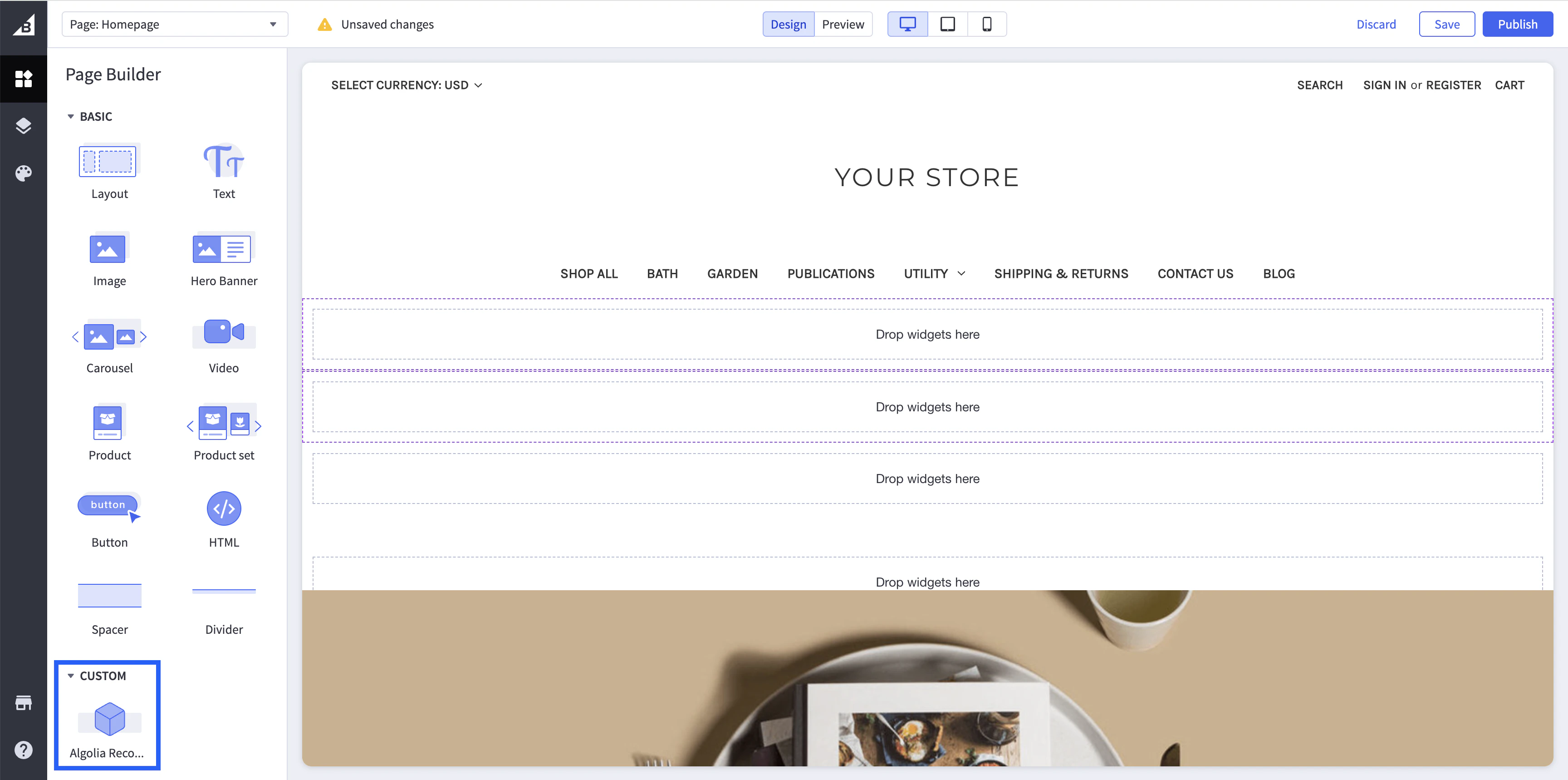 Screenshot of the BigCommerce Page Builder with the 'Algolia Recommend' widget in the custom section, showing drag-and-drop areas for widgets.