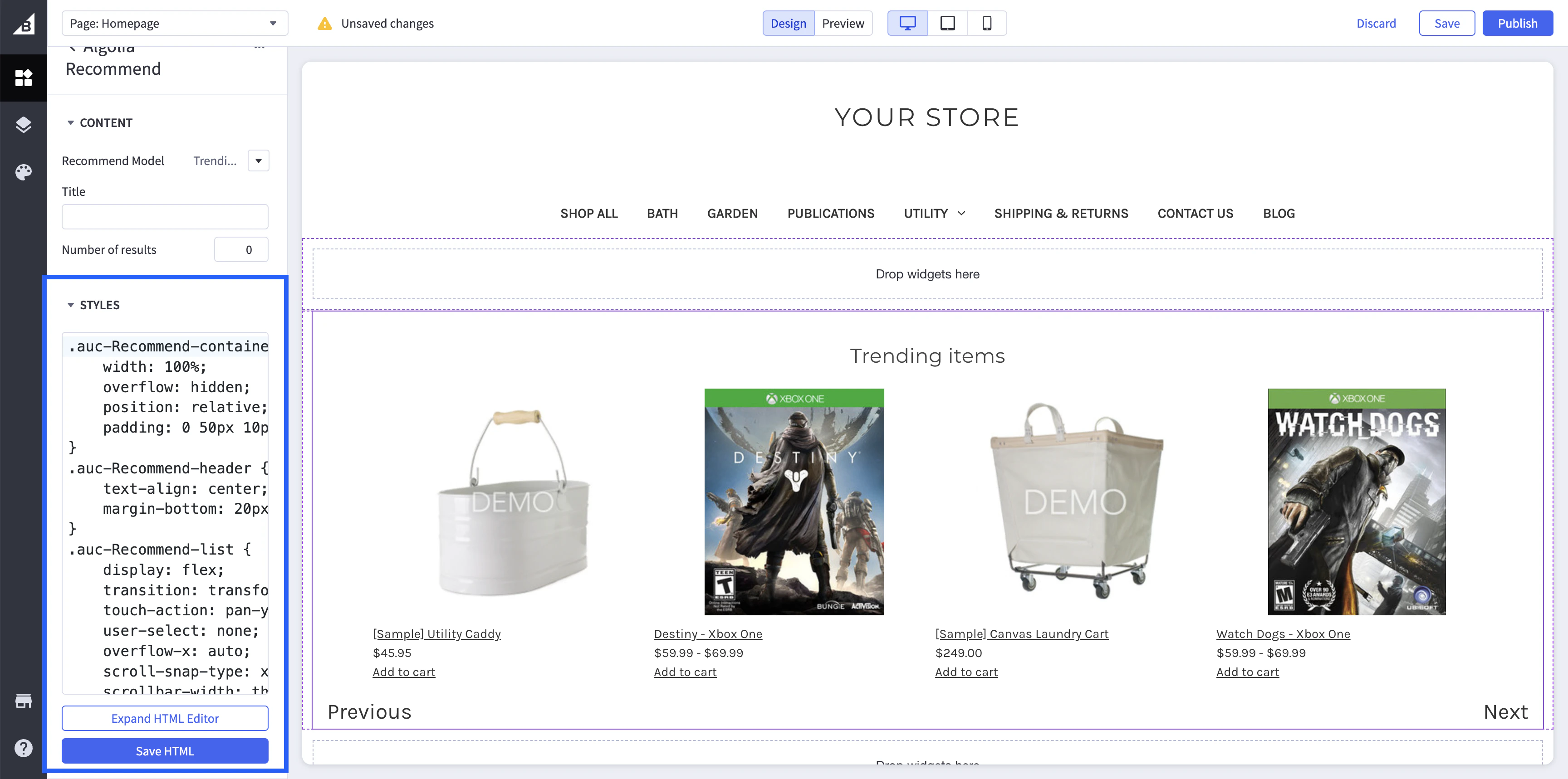 Screenshot of the BigCommerce Recommend widget settings with custom CSS styles and a preview of trending items.
