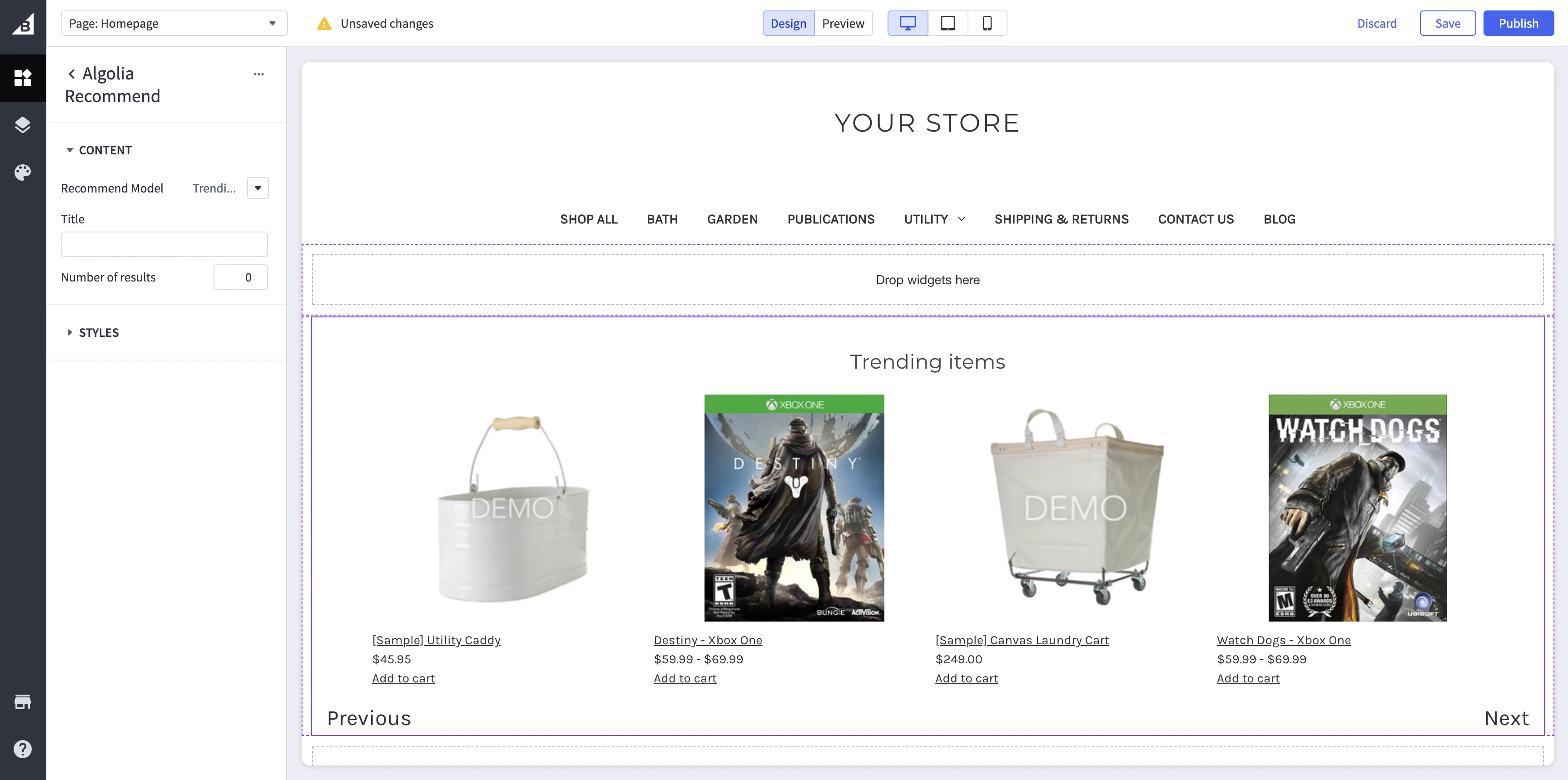 Screenshot of the BigCommerce 'Recommend' widget settings showing a 'Title' field and 'Number of results' set to 0, with trending items displayed.