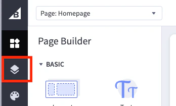 Screenshot of the BigCommerce Page Builder interface showing the 'Page: Homepage' drop-down menu and a highlighted 'Basic' section with a widget icon.