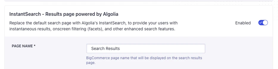 Screenshot of the 'InstantSearch - Results page powered by Algolia' settings with 'Search Results' in the 'PAGE NAME *' field and enabled toggle.
