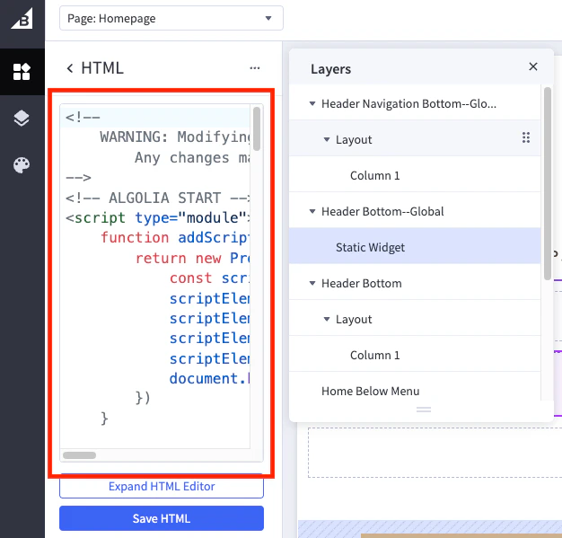 Screenshot of a code editor showing HTML with an 'Algolia START' comment and script tags, highlighted in a red box, with a 'Save HTML' button below.