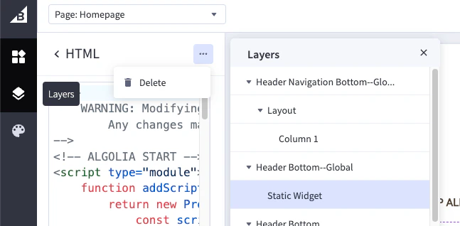 Screenshot of a code editor interface showing the 'Layers' panel with a 'Static Widget' selected and a 'Delete' option visible in a context menu.