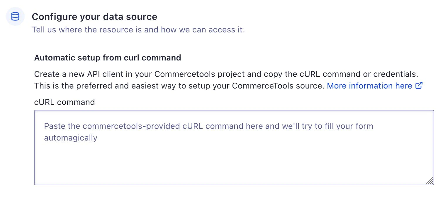 Screenshot of a form field labeled 'curl command' with placeholder text to paste a commercetools-provided command.