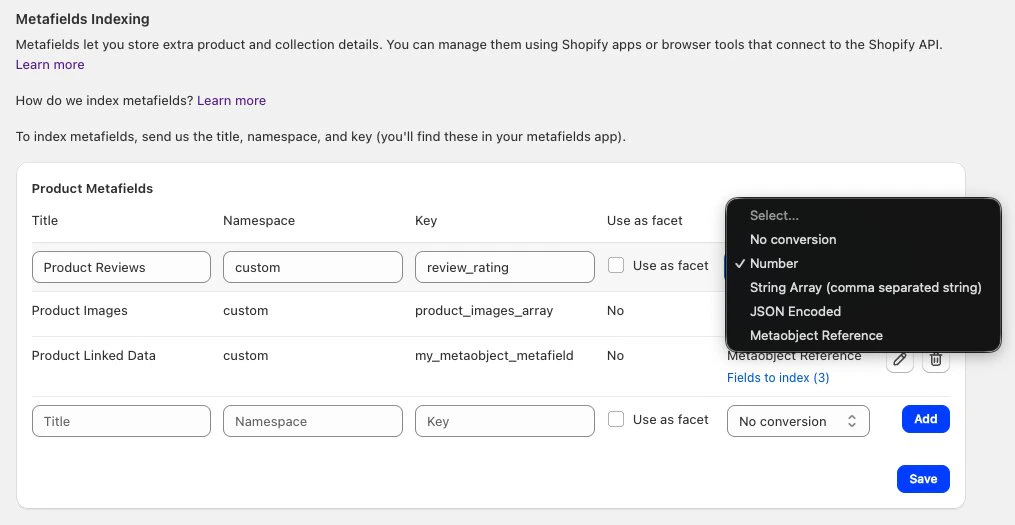 Metafields dialog in the Shopify admin with an open menu for selecting the type conversion option