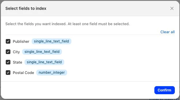 Screenshot of a modal for selecting Shopify metaobject fields to index in metafields indexing settings.