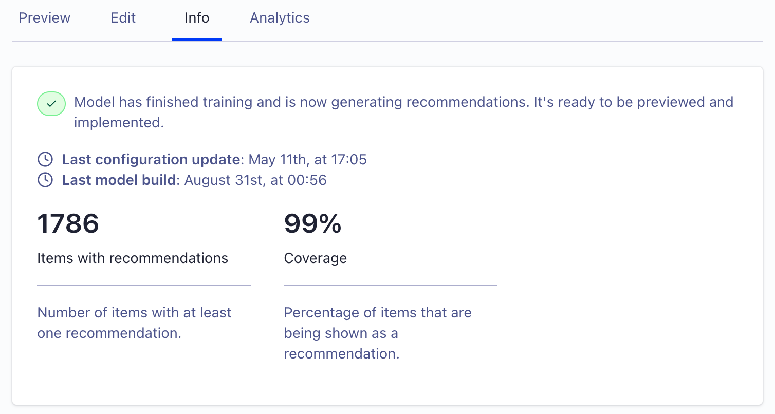 Screenshot of a model training summary showing the number of items with recommendations and the coverage percentage.