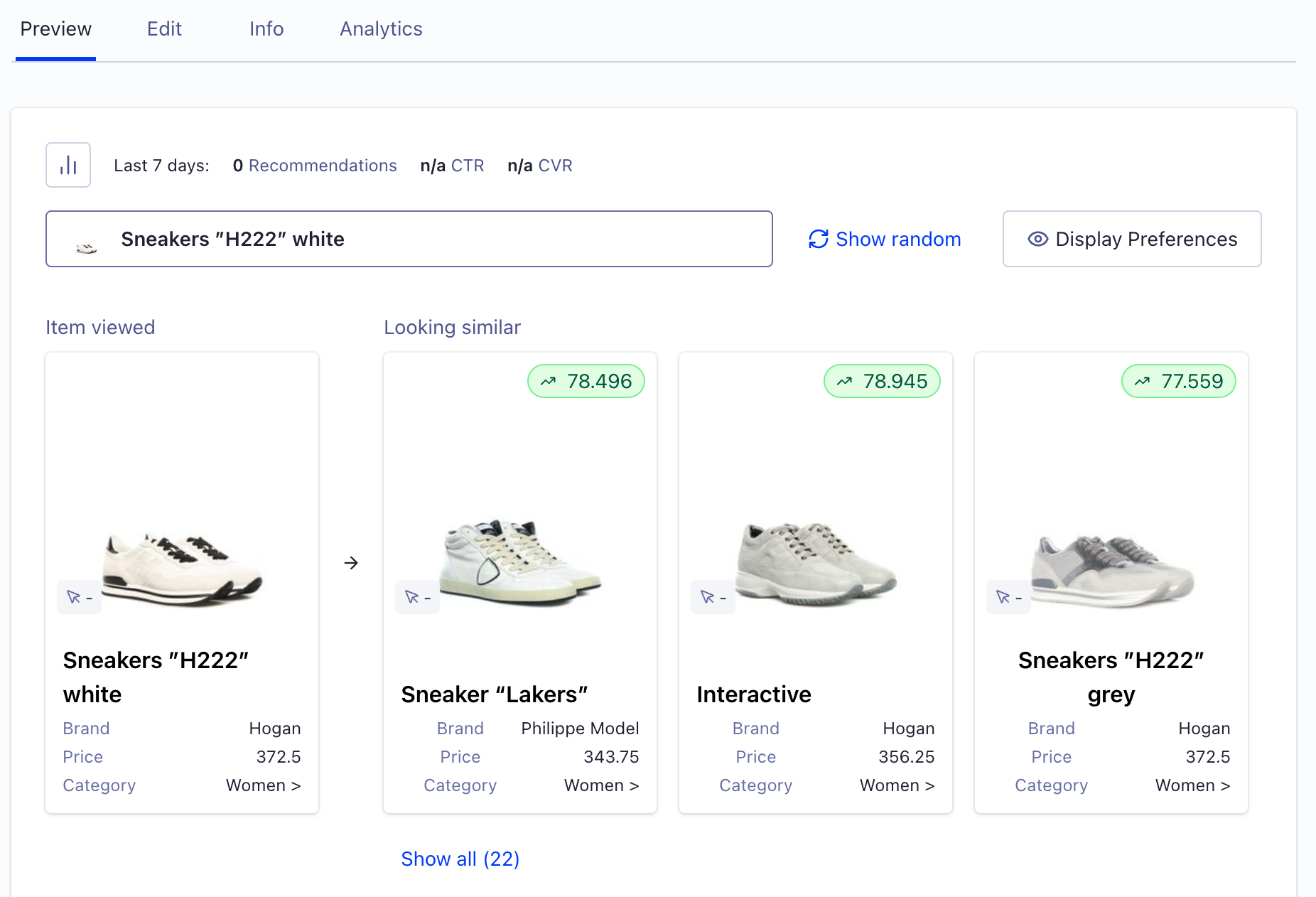 Screenshot of image-based recommendations showing a selected item and visually similar results with confidence scores.
