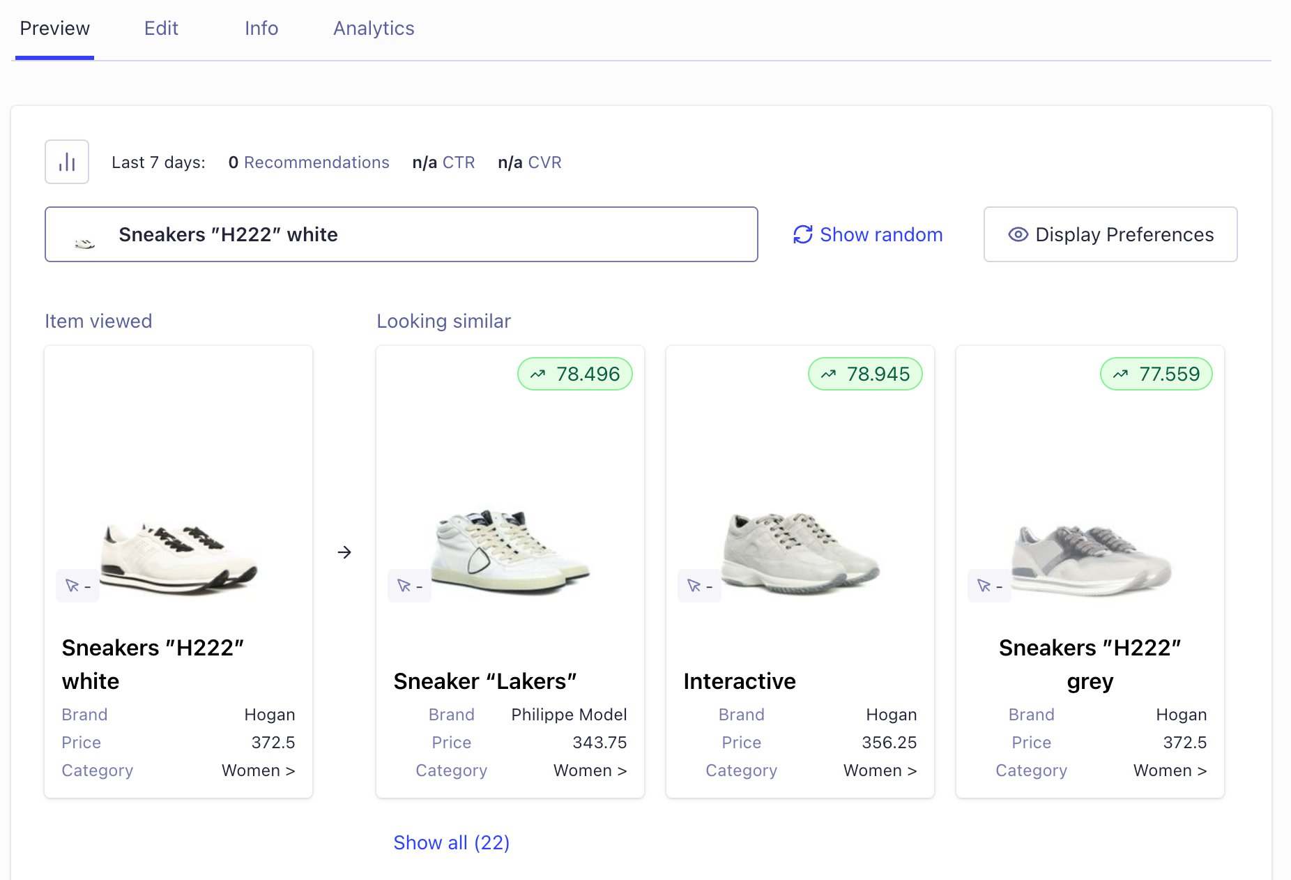 Screenshot of image-based recommendations showing a selected item and visually similar results with confidence scores.
