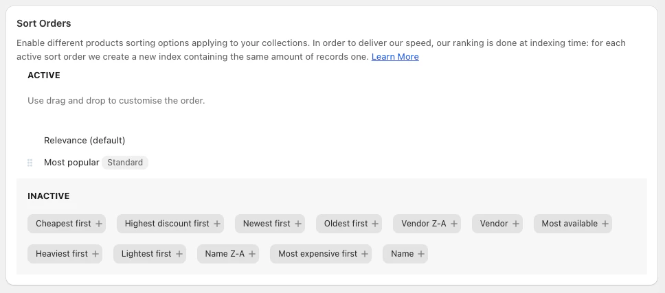 The Collection pages sort orders settings in the Shopify admin