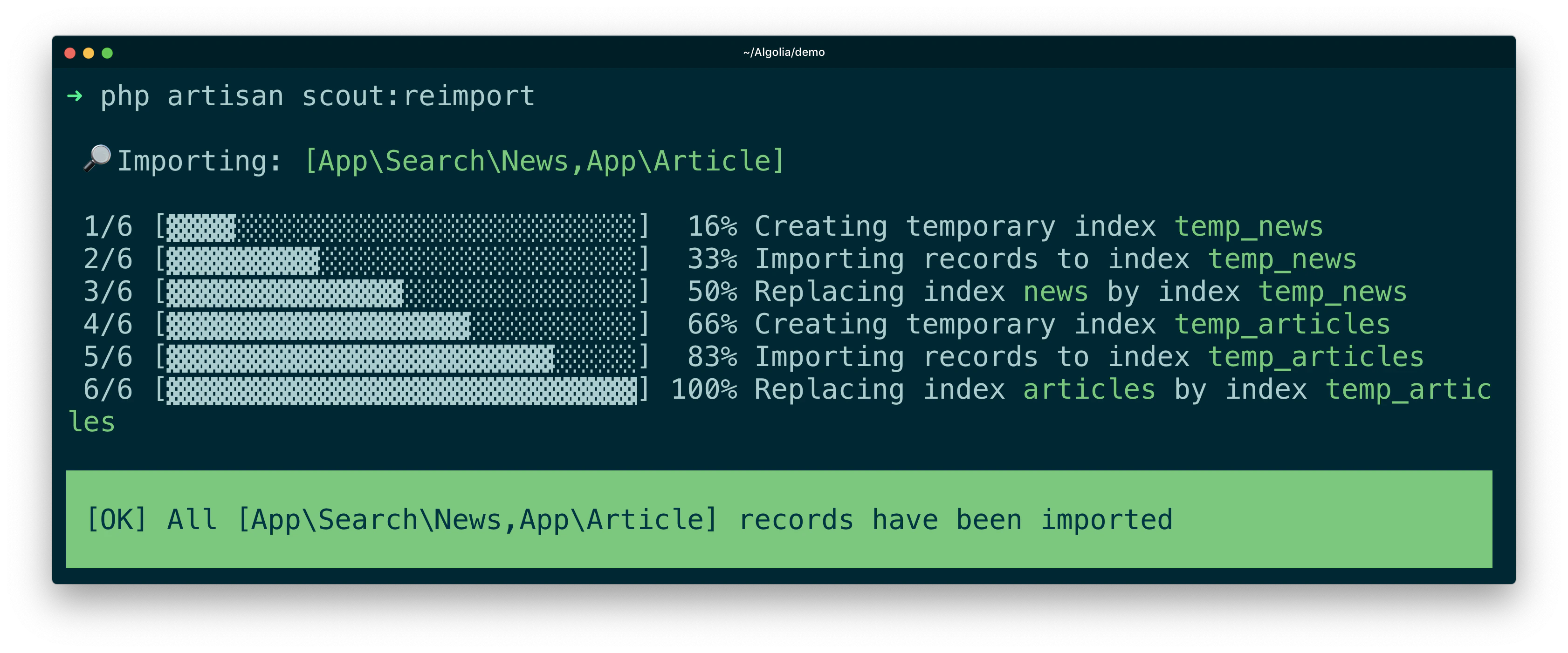 Screenshot of a terminal showing the scout:reimport Artisan command importing search and article records, ending with a success message.