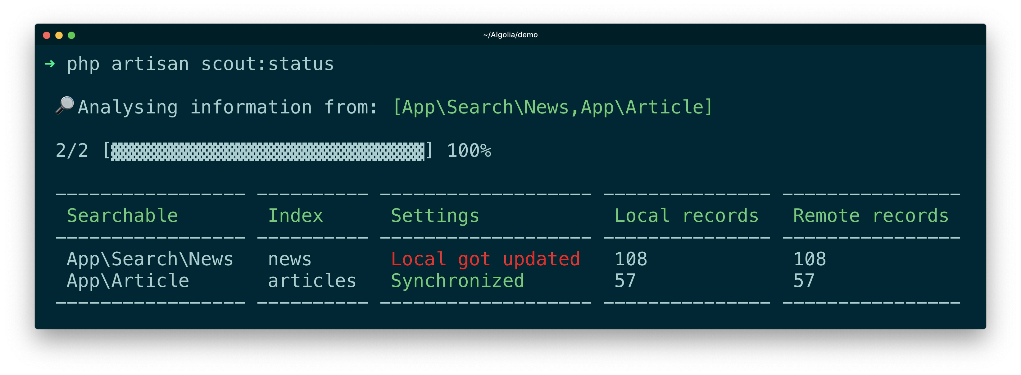 Screenshot of terminal output for the scout:status Artisan command showing searchable items, index, settings, and record counts.