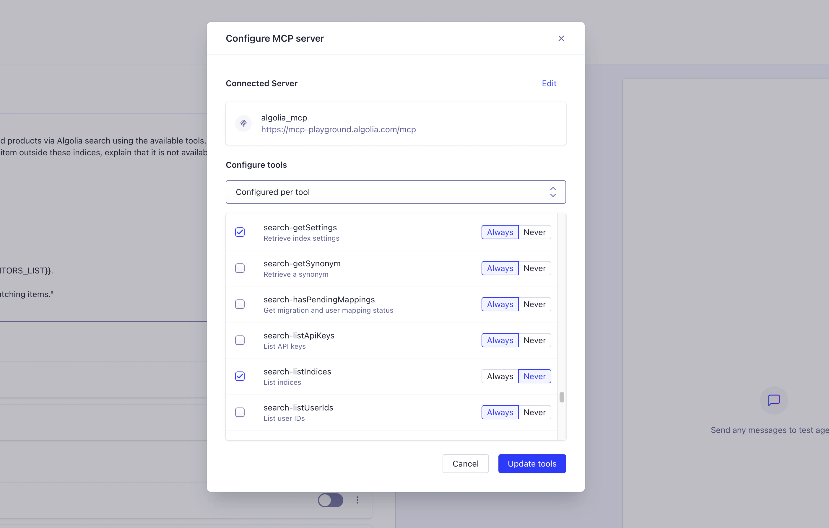 Screenshot of 'Configure MCP server' dialog with custom tool approval configuration, showing individual tools set to either 'Always' or 'Never' require approval.