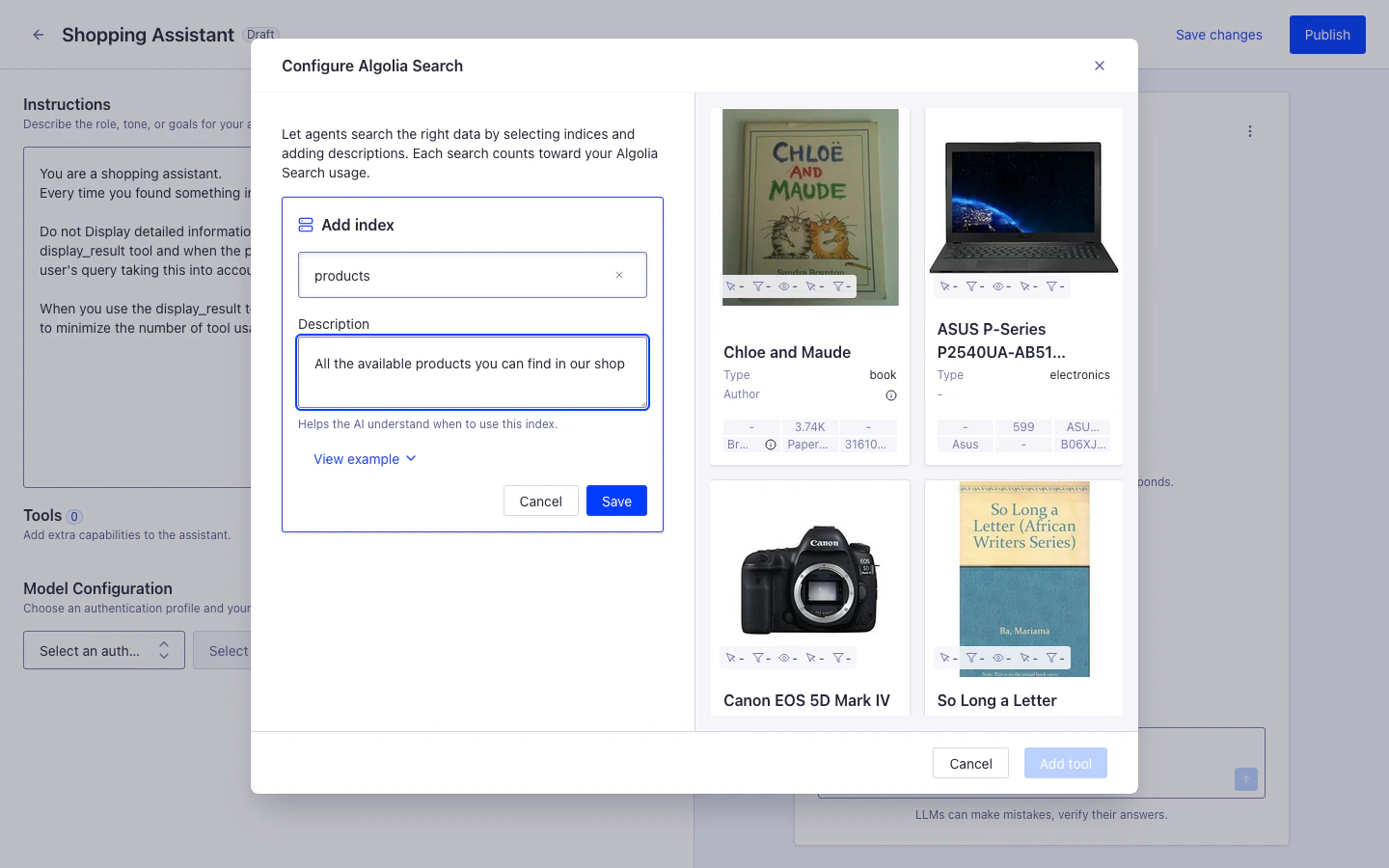 Screenshot of a 'Configure Algolia Search' dialog with 'products' in the index field and a description.