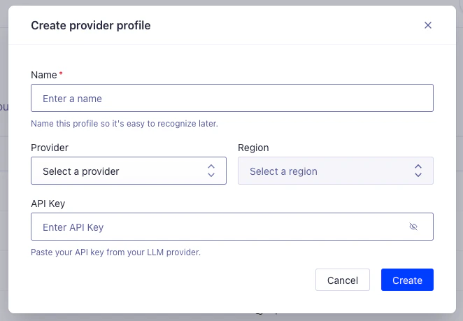 Screenshot of a 'Create provider profile' modal with fields for 'Name', 'Provider', 'Region', and 'API Key', and 'Cancel' and 'Create' buttons.