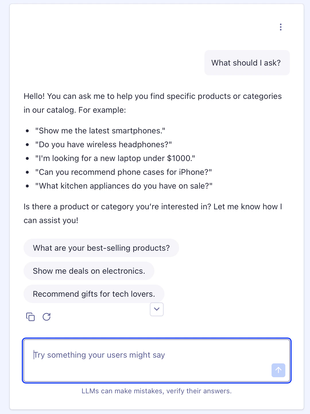 Screenshot of prompt suggestions in the Agent Studio dashboard, showing example queries and a text input field.