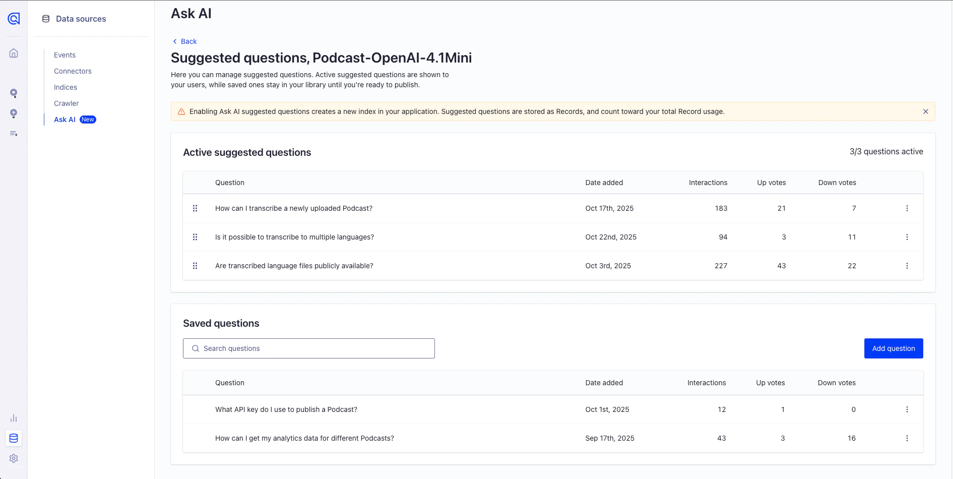 Screenshot of the suggested questions manager interface