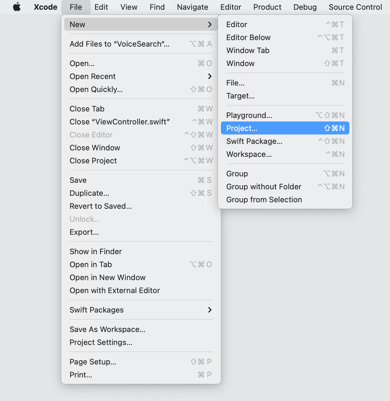 Screenshot of the Xcode 'File' menu with the 'New' sub-menu open, highlighting the 'Project' option.