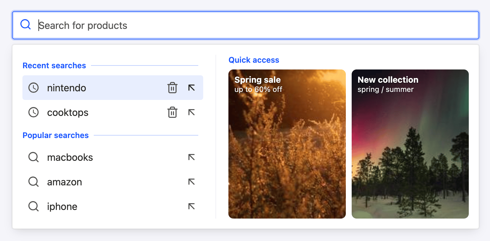 Federated autocomplete with recent searches and Query Suggestions on the left and product previews on the right (desktop)