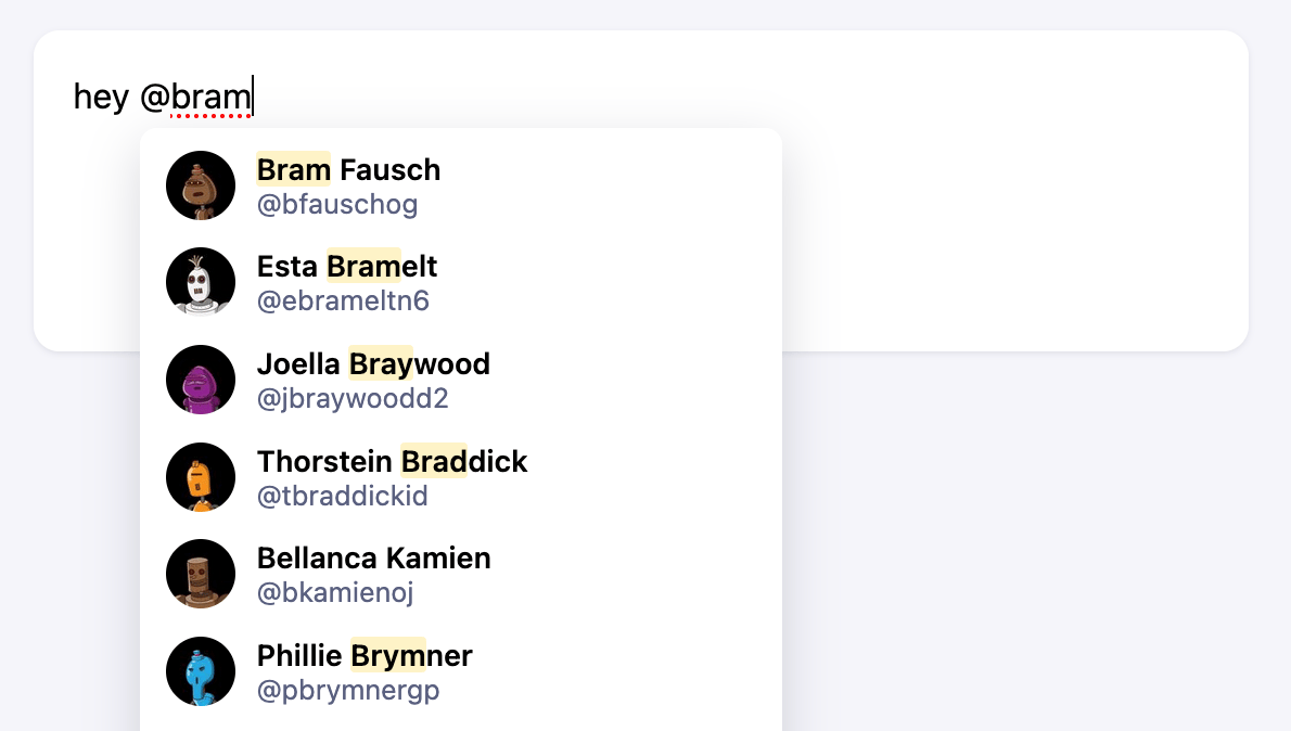 A text box that replicates a social media mentions experience: typing "@" opens a panel of matching accounts to complete the mention