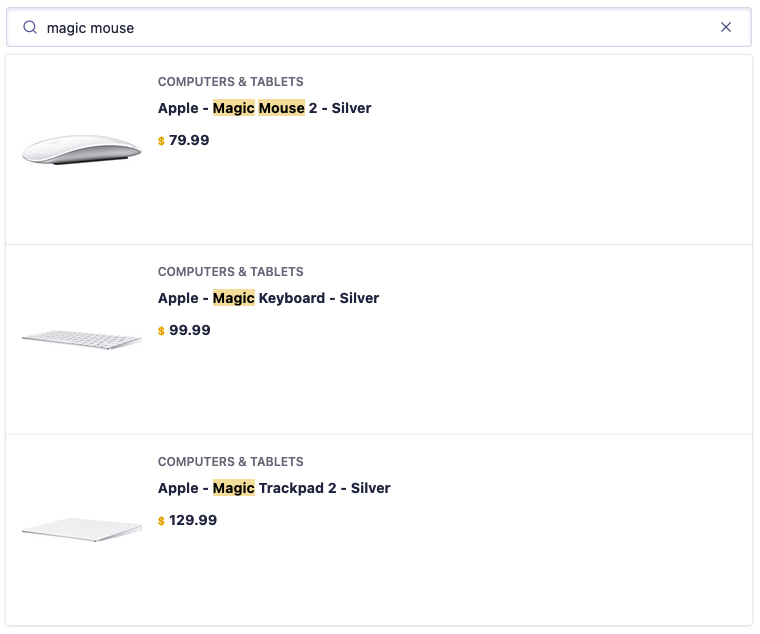 Search box results with query highlighting in the quickstart app