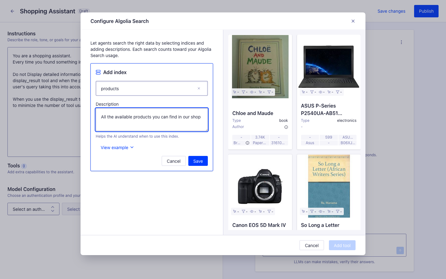 Screenshot of a 'Configure Algolia Search' dialog with an 'Add index' field, a 'Description' text box, and a 'Save' button.