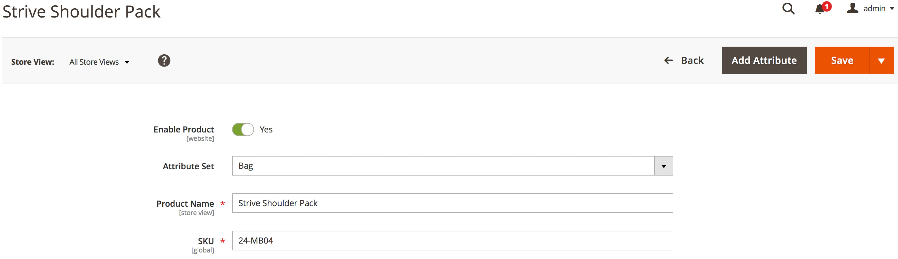 Screenshot of a product form with fields for 'Enable Product', 'Attribute Set', 'Product Name', and 'SKU', and 'Add Attribute' and 'Save' buttons.