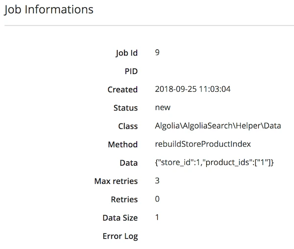 Screenshot of job information details showing fields like 'Job Id', 'Status', 'Class', 'Method', and 'Data' with corresponding values.