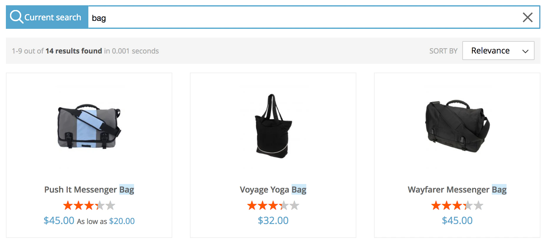 Screenshot of search results for 'bag' showing three products with prices and star ratings.