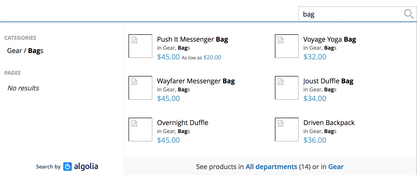 Screenshot of a search results page showing product listings for 'bag' with placeholder icons instead of images, under the 'Gear / Bags' category.