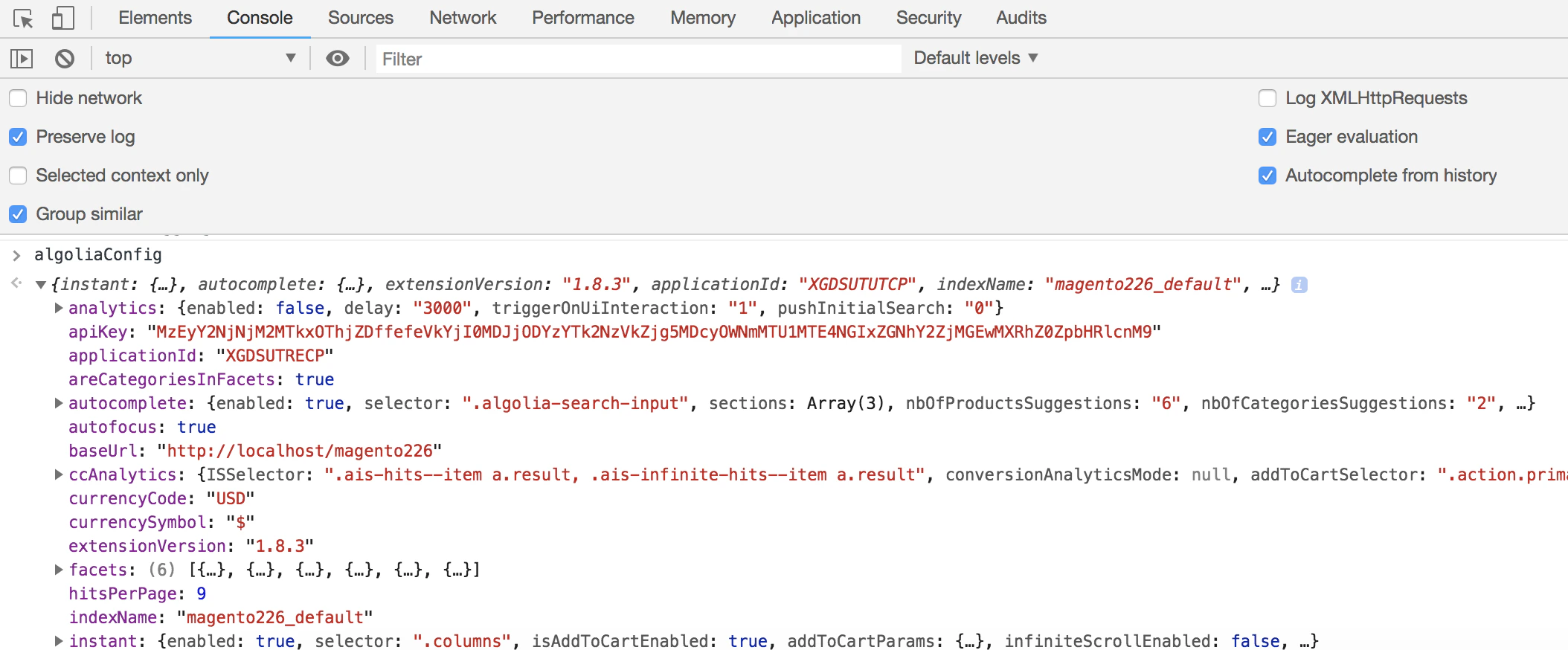 Example of an Algolia configuration output in the browser console