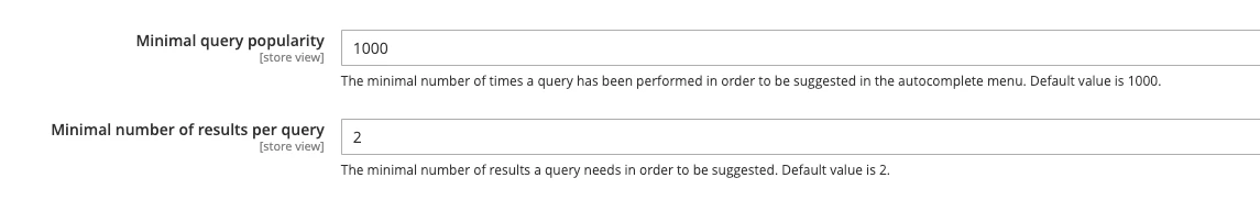 Screenshot of 'Minimal query popularity' and 'Minimal number of results per query' configuration fields with values 1000 and 2, respectively.