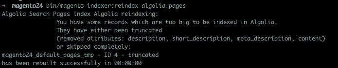 Screenshot of a terminal error showing 'Record too big' during Algolia indexing, with truncated attributes and a successful rebuild message.