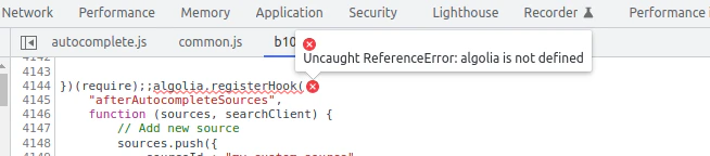 Screenshot of a browser console showing an 'Uncaught ReferenceError: Algolia is not defined' in the Network tab.